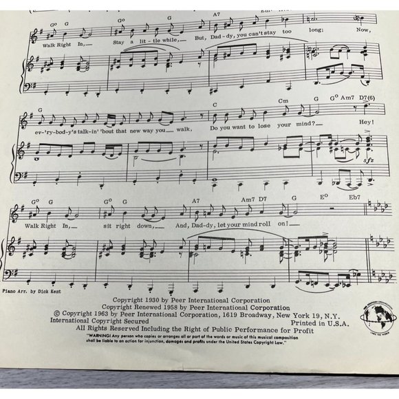 Piano Sheet Music Walk Right In 1963 Gus Cannon H Woods Vintage - Picture 3 of 4